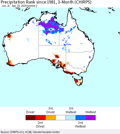 Australia Precipitation Rank since 1981, 3-Month (CHIRPS) Thematic Map For 1/21/2024 - 4/20/2024