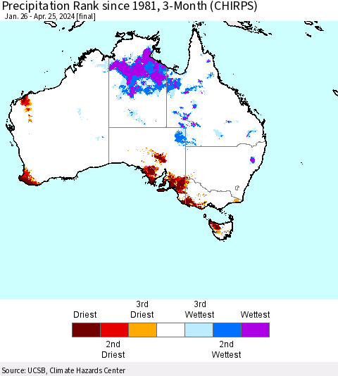 Australia Precipitation Rank since 1981, 3-Month (CHIRPS) Thematic Map For 1/26/2024 - 4/25/2024