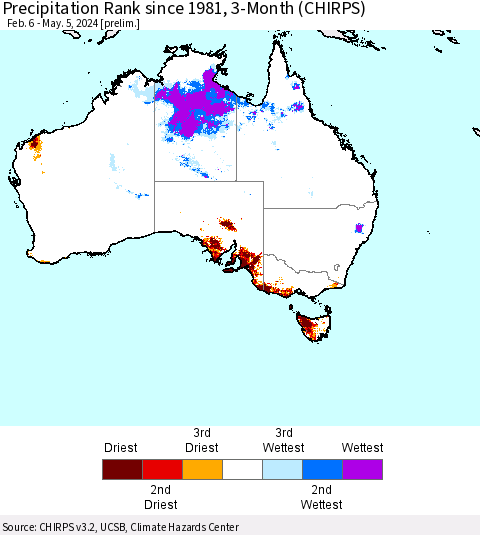 Australia Precipitation Rank since 1981, 3-Month (CHIRPS) Thematic Map For 2/6/2024 - 5/5/2024