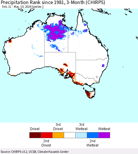 Australia Precipitation Rank since 1981, 3-Month (CHIRPS) Thematic Map For 2/11/2024 - 5/10/2024