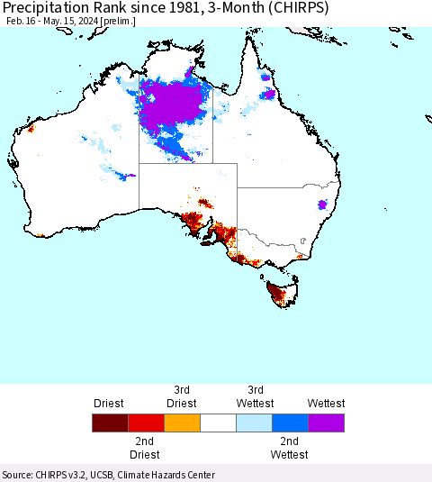 Australia Precipitation Rank since 1981, 3-Month (CHIRPS) Thematic Map For 2/16/2024 - 5/15/2024
