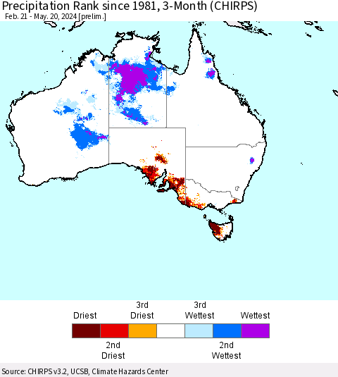 Australia Precipitation Rank since 1981, 3-Month (CHIRPS) Thematic Map For 2/21/2024 - 5/20/2024