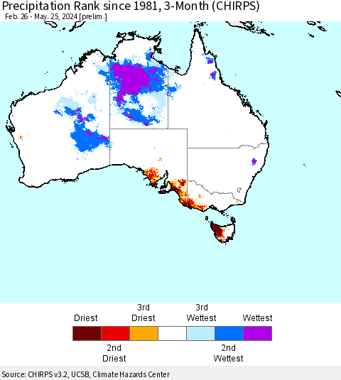 Australia Precipitation Rank since 1981, 3-Month (CHIRPS) Thematic Map For 2/26/2024 - 5/25/2024