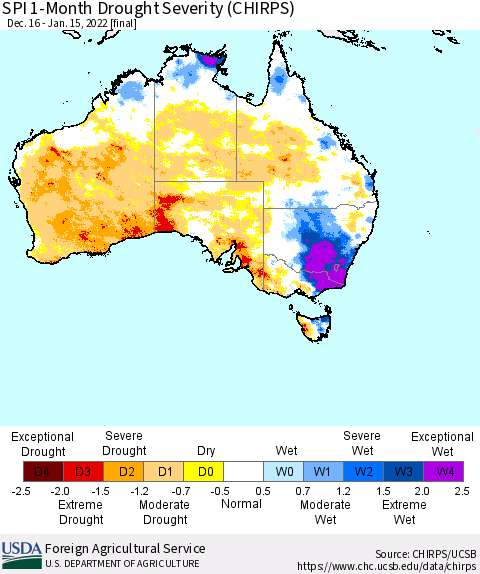 Australia SPI 1-Month Drought Severity (CHIRPS) Thematic Map For 12/16/2021 - 1/15/2022