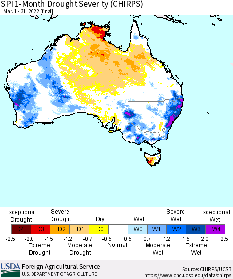 Australia SPI 1-Month Drought Severity (CHIRPS) Thematic Map For 3/1/2022 - 3/31/2022