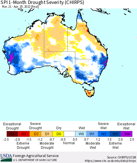 Australia SPI 1-Month Drought Severity (CHIRPS) Thematic Map For 3/21/2022 - 4/20/2022