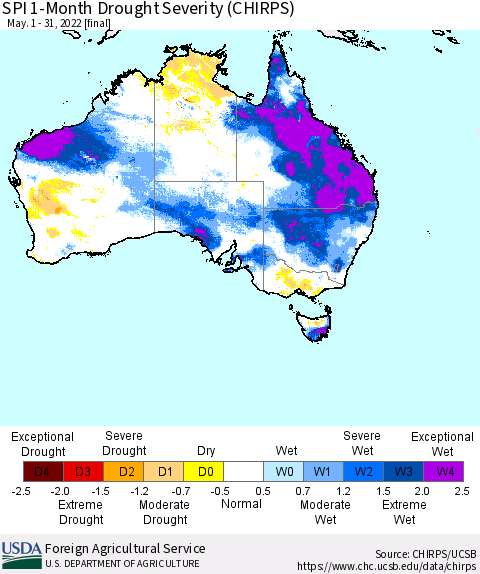 Australia SPI 1-Month Drought Severity (CHIRPS) Thematic Map For 5/1/2022 - 5/31/2022