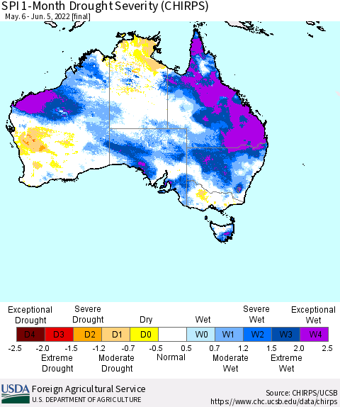 Australia SPI 1-Month Drought Severity (CHIRPS) Thematic Map For 5/6/2022 - 6/5/2022