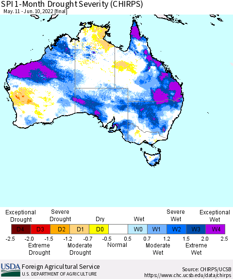 Australia SPI 1-Month Drought Severity (CHIRPS) Thematic Map For 5/11/2022 - 6/10/2022