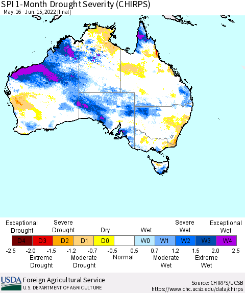 Australia SPI 1-Month Drought Severity (CHIRPS) Thematic Map For 5/16/2022 - 6/15/2022