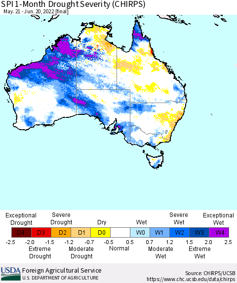 Australia SPI 1-Month Drought Severity (CHIRPS) Thematic Map For 5/21/2022 - 6/20/2022