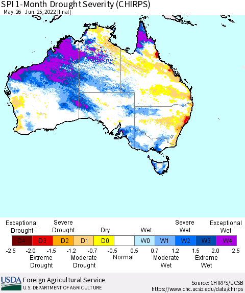 Australia SPI 1-Month Drought Severity (CHIRPS) Thematic Map For 5/26/2022 - 6/25/2022