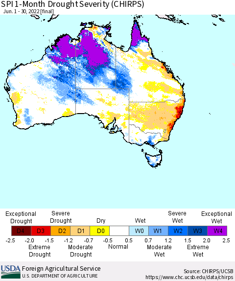 Australia SPI 1-Month Drought Severity (CHIRPS) Thematic Map For 6/1/2022 - 6/30/2022