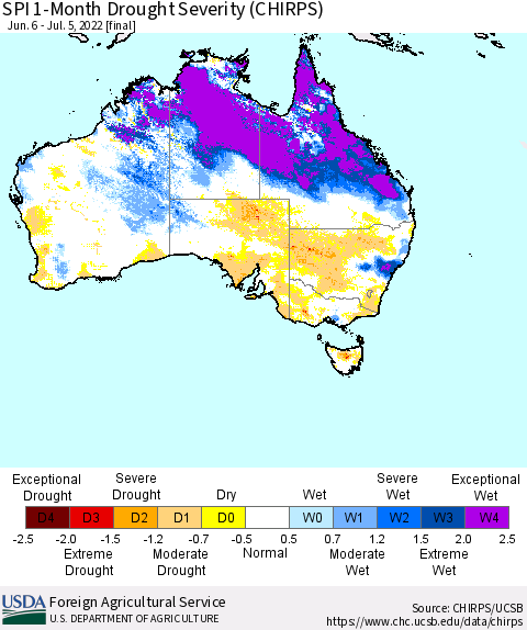 Australia SPI 1-Month Drought Severity (CHIRPS) Thematic Map For 6/6/2022 - 7/5/2022