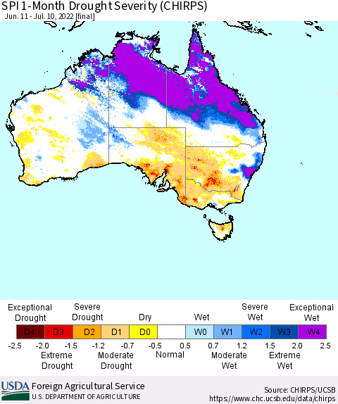 Australia SPI 1-Month Drought Severity (CHIRPS) Thematic Map For 6/11/2022 - 7/10/2022