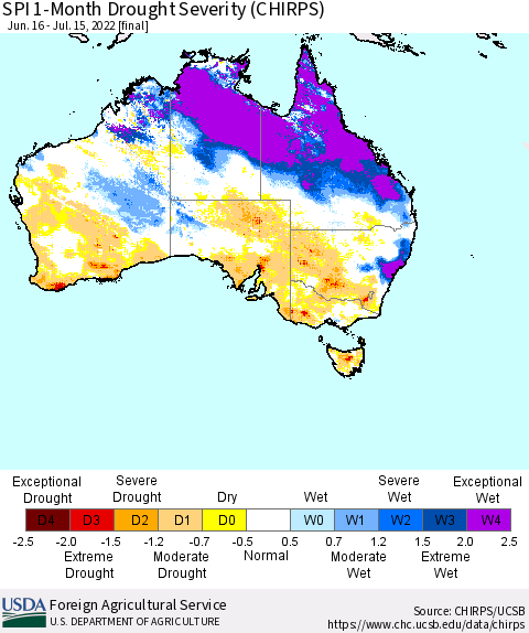 Australia SPI 1-Month Drought Severity (CHIRPS) Thematic Map For 6/16/2022 - 7/15/2022