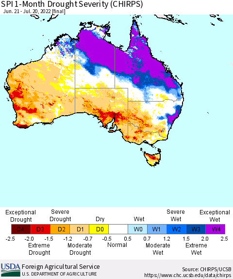 Australia SPI 1-Month Drought Severity (CHIRPS) Thematic Map For 6/21/2022 - 7/20/2022