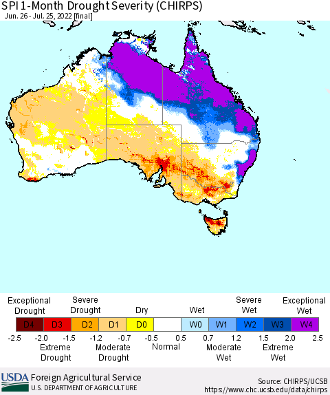 Australia SPI 1-Month Drought Severity (CHIRPS) Thematic Map For 6/26/2022 - 7/25/2022