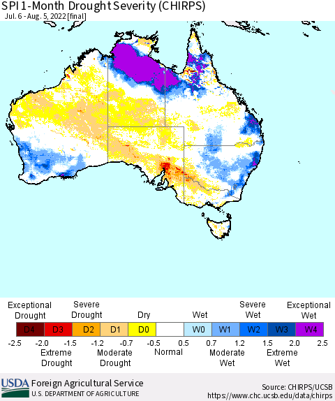 Australia SPI 1-Month Drought Severity (CHIRPS) Thematic Map For 7/6/2022 - 8/5/2022