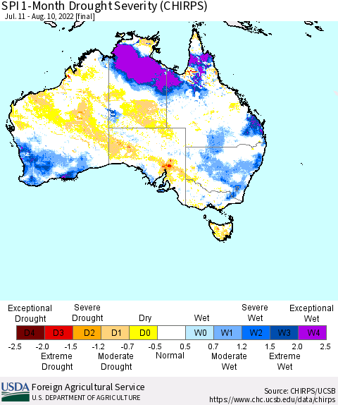 Australia SPI 1-Month Drought Severity (CHIRPS) Thematic Map For 7/11/2022 - 8/10/2022