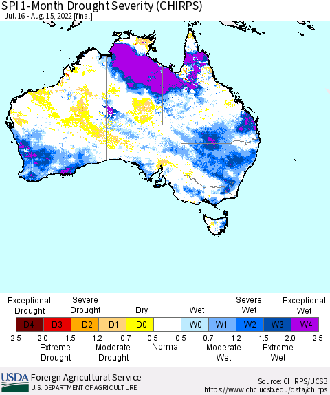 Australia SPI 1-Month Drought Severity (CHIRPS) Thematic Map For 7/16/2022 - 8/15/2022