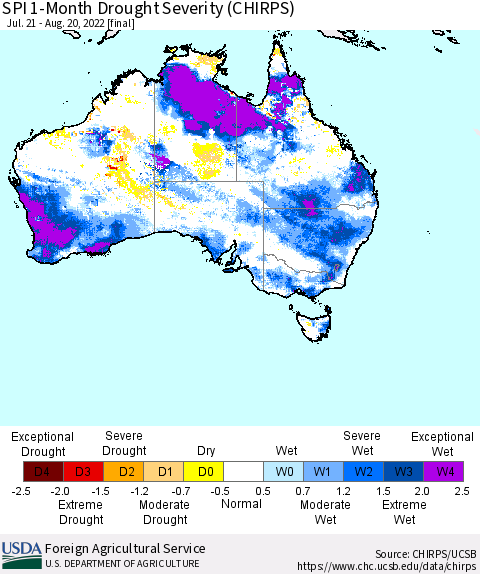 Australia SPI 1-Month Drought Severity (CHIRPS) Thematic Map For 7/21/2022 - 8/20/2022