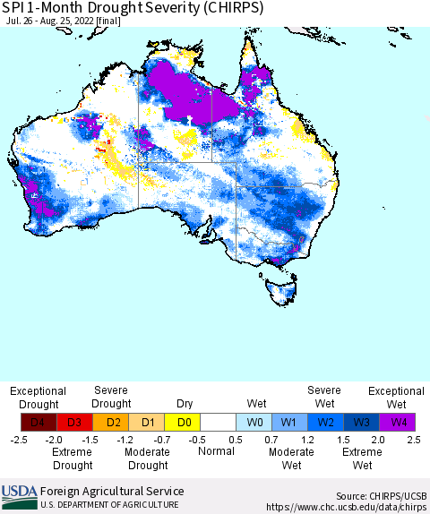 Australia SPI 1-Month Drought Severity (CHIRPS) Thematic Map For 7/26/2022 - 8/25/2022