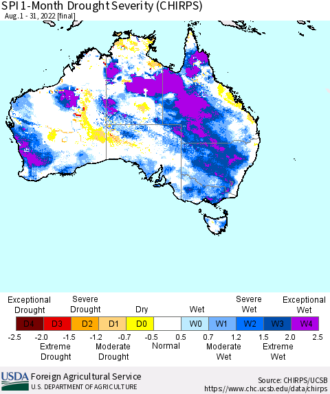 Australia SPI 1-Month Drought Severity (CHIRPS) Thematic Map For 8/1/2022 - 8/31/2022
