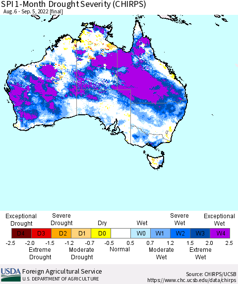 Australia SPI 1-Month Drought Severity (CHIRPS) Thematic Map For 8/6/2022 - 9/5/2022