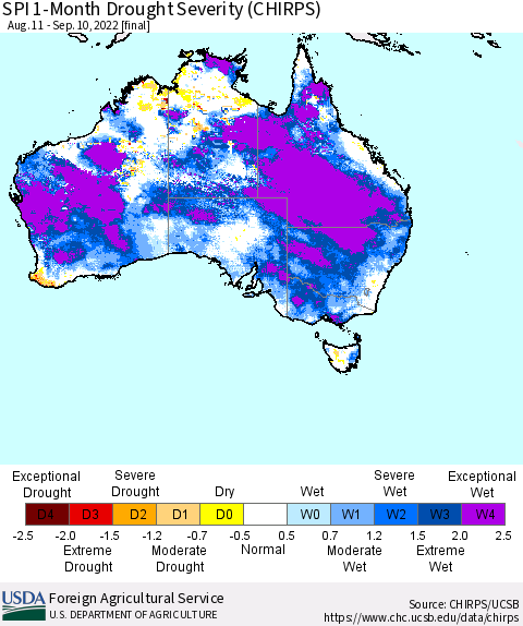 Australia SPI 1-Month Drought Severity (CHIRPS) Thematic Map For 8/11/2022 - 9/10/2022