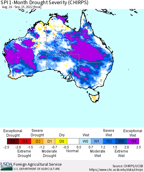 Australia SPI 1-Month Drought Severity (CHIRPS) Thematic Map For 8/16/2022 - 9/15/2022