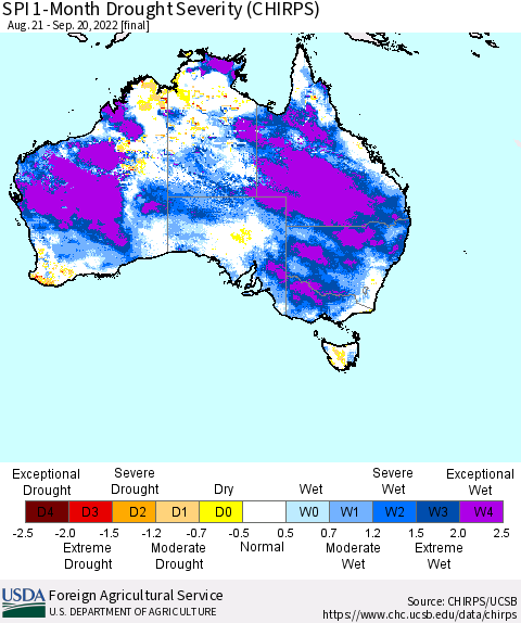 Australia SPI 1-Month Drought Severity (CHIRPS) Thematic Map For 8/21/2022 - 9/20/2022