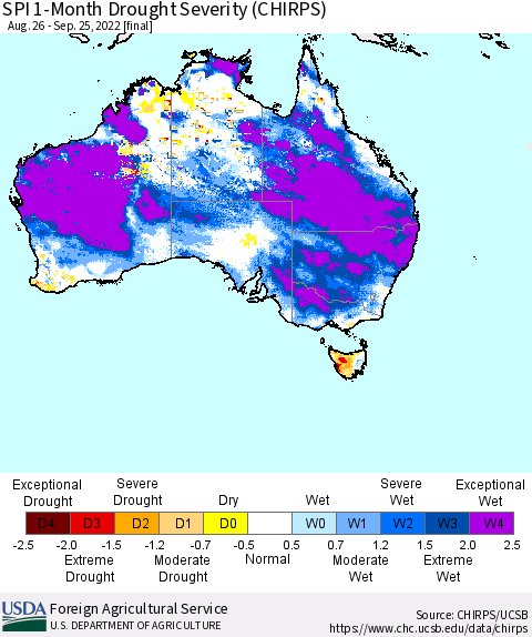 Australia SPI 1-Month Drought Severity (CHIRPS) Thematic Map For 8/26/2022 - 9/25/2022