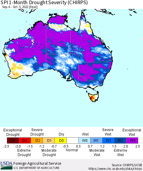 Australia SPI 1-Month Drought Severity (CHIRPS) Thematic Map For 9/6/2022 - 10/5/2022