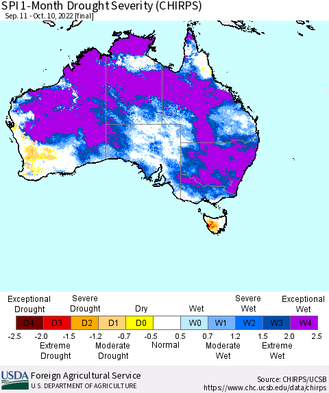 Australia SPI 1-Month Drought Severity (CHIRPS) Thematic Map For 9/11/2022 - 10/10/2022