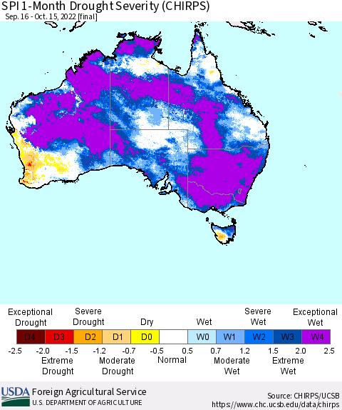Australia SPI 1-Month Drought Severity (CHIRPS) Thematic Map For 9/16/2022 - 10/15/2022