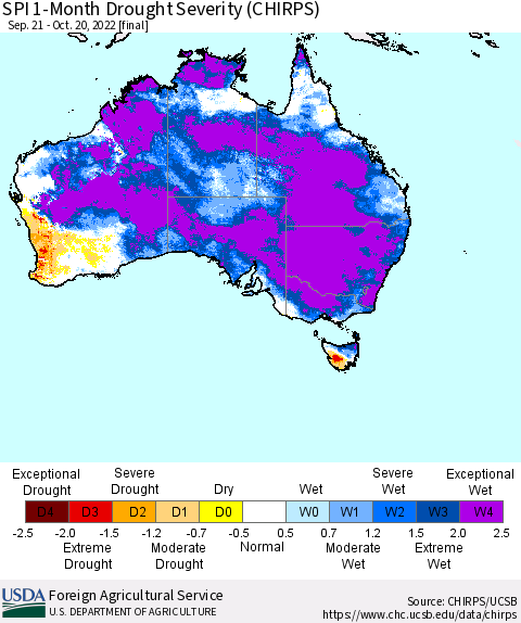 Australia SPI 1-Month Drought Severity (CHIRPS) Thematic Map For 9/21/2022 - 10/20/2022