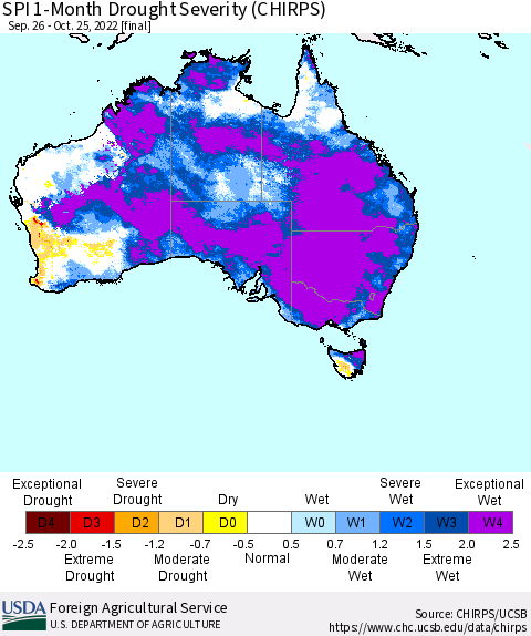 Australia SPI 1-Month Drought Severity (CHIRPS) Thematic Map For 9/26/2022 - 10/25/2022