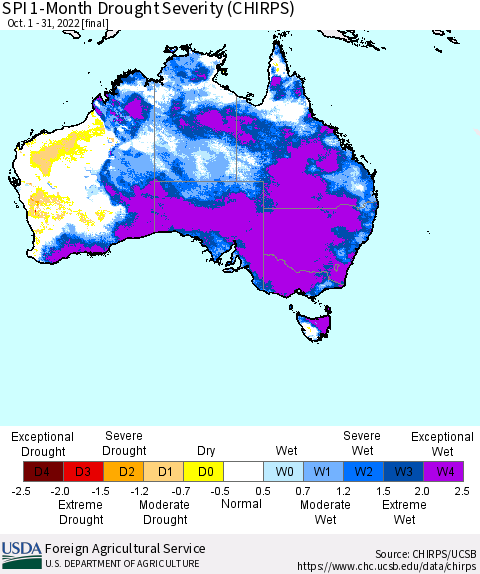 Australia SPI 1-Month Drought Severity (CHIRPS) Thematic Map For 10/1/2022 - 10/31/2022