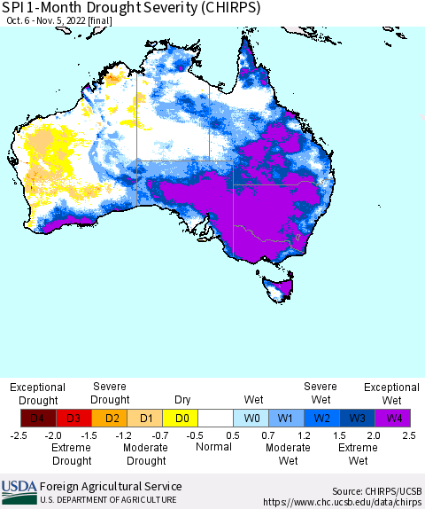 Australia SPI 1-Month Drought Severity (CHIRPS) Thematic Map For 10/6/2022 - 11/5/2022