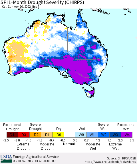Australia SPI 1-Month Drought Severity (CHIRPS) Thematic Map For 10/11/2022 - 11/10/2022
