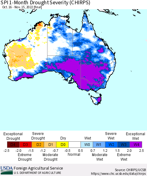 Australia SPI 1-Month Drought Severity (CHIRPS) Thematic Map For 10/16/2022 - 11/15/2022