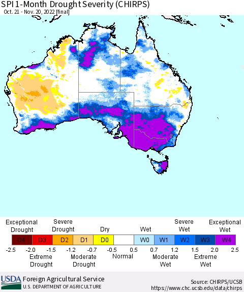 Australia SPI 1-Month Drought Severity (CHIRPS) Thematic Map For 10/21/2022 - 11/20/2022