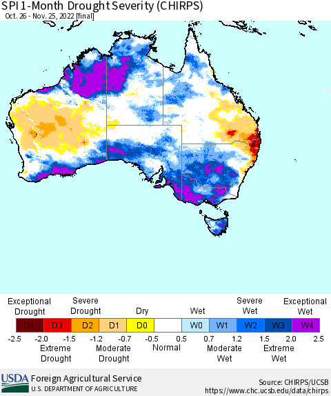 Australia SPI 1-Month Drought Severity (CHIRPS) Thematic Map For 10/26/2022 - 11/25/2022