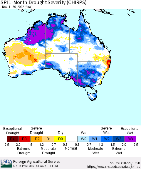 Australia SPI 1-Month Drought Severity (CHIRPS) Thematic Map For 11/1/2022 - 11/30/2022