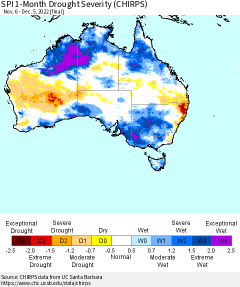 Australia SPI 1-Month Drought Severity (CHIRPS) Thematic Map For 11/6/2022 - 12/5/2022