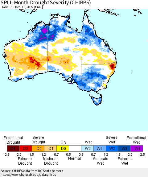 Australia SPI 1-Month Drought Severity (CHIRPS) Thematic Map For 11/11/2022 - 12/10/2022
