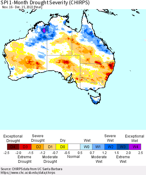 Australia SPI 1-Month Drought Severity (CHIRPS) Thematic Map For 11/16/2022 - 12/15/2022