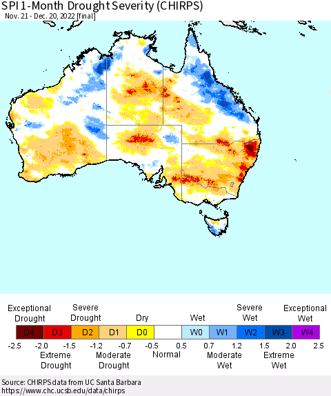 Australia SPI 1-Month Drought Severity (CHIRPS) Thematic Map For 11/21/2022 - 12/20/2022