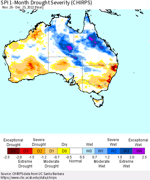 Australia SPI 1-Month Drought Severity (CHIRPS) Thematic Map For 11/26/2022 - 12/25/2022